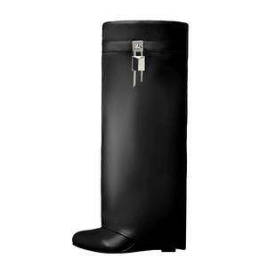 lot 10106 image: Arqa Womens Fold Over Knee High Boots Covered Wedge Heel Almond Toe Padlock Boot Wide Calf Pull-on Shoe Black Size 8, Euro 38