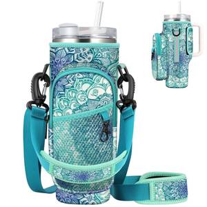 lot 10118 image: CaseBot Water Bottle Carrier Bag with Phone Pocket for Stanley 40 oz Tumbler with Handle, Neoprene Water Cup Holder with Adjustable Shoulder Hand Strap for Hiking Camping Travelling, Emerald Illusions