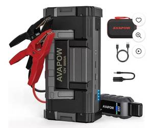 lot 9244 image: AVAPOW 6000A Car Battery Jump Starter(for All Gas or up to 12L Diesel) Powerful Car Jump Starter with Dual USB Quick Charge and DC Output,12V Jump Pack with Built-in LED Bright Light