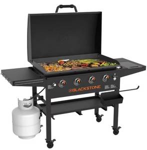 lot 9253 image: Blackstone Original 4-Burner 36in Propane Griddle with Hood and Omnivore Griddle Plate - Previously Used, Missing Tray