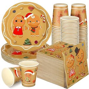 lot 9929 image: Skylety 200 Pcs Gingerbread Christmas Party Supplies Tableware Set Xmas Gingerbread Man Disposable Paper Dinnerware Serve 50 9 Dinner Dessert Plates 50 9 oz Cups 100 Napkins for Xmas Baby Shower