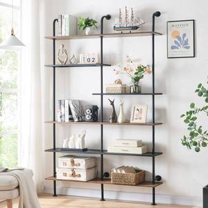 lot 9963 image: HOMISSUE Industrial Bookshelf, 6-Tier Tall Wall Mounted Bookshelf 81.88, Open Ladder Shelf Bookcase with Pipe Frame and Wood Style Shelf for Home Office Living Room, Brown&nbsp