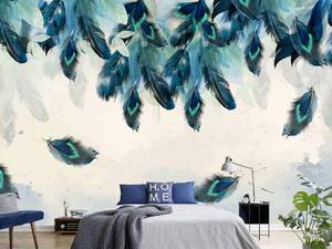 lot 9969 image: 3D Mural Feather Wallpaper - Bird Feathers in Blue & White, Sky Fantasy Design. Perfect for Bedroom, Living Room, Kitchen, Nursery Decor. Not Peel & Stick, 105x75 (WxH).