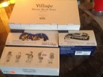4 ceramic town village pieces trees children and card as pictured