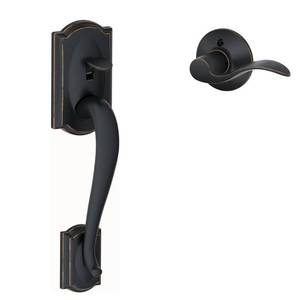 lot 89053 image: Schlage FE285 CAM 716 ACC LH Camelot Front Entry Handleset with Left-Handed Accent Lever, Lower Half Grip, Aged Bronze - Retail $105.45