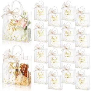 lot 89063 image: Fulmoon 50 Pcs Clear Thank You PVC Bags with Handle 7.8 x 7.8 x 3.1 Inch Reusable Gift Bag Candy Shopping Bag for Wedding Birthday Baby Shower Bridal Party Favor