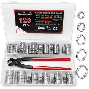 lot 89092 image: 120PCS 5 Sizes PEX Clamps Kit with Plier, 12, 34, 38�, 58, 1, Premium 304 Stainless Steel Cinch Crimp Rings, PEX Tool Kit Assortment for PEX Tubing Pipe Fitting Connections By Hydencamm