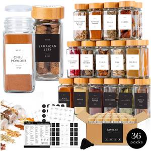 lot 89103 image: FINESSY 36 Pack Glass Spice Jars with Bamboo Lids with Waterproof Minimalist Labels Set, 4 oz Seasoning Organizer Jars Containers, Empty Spice Jars with Label Bottles, Seasoning Containers with Labels