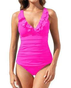 lot 89111 image: Yonique Womens Two Piece Swimsuits Ruffle Flounce Tankini Tummy Control Bathing Suits V Neck Swimwear Hot Pink M