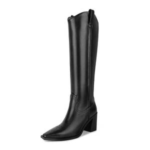 lot 89120 image: ISNOM Cowgirl Boots Women Cowboy Boots for Women Western Boots Women, Wide Calf Black Cowgirls Boots for Women Knee High Boots Women Pointed Toe Chunky Boots for Women Leather Low Heel Block Boots 8