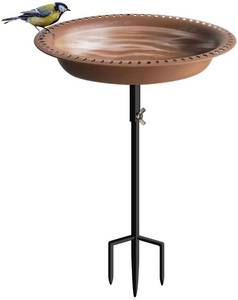 lot 89159 image: Koutemie 1-� Gallon Detachable Free Standing Garden Bird Bath Bird Feeder Bowl with Metal Stake for Outdoor, Bird Friendly Color - Deep Brown, 29 Inch