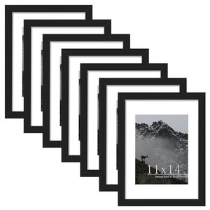 lot 89181 image: Picrit 11x14 Picture Frame Set of 7, Display 8 x 10 with Mat or 11 x 14 Without Mat, Photo Frames for Wall Mounting or Table Top Display, Black.