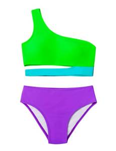 lot 89190 image: Dearnow Girls Swimsuit Swimsuits for Teen Girls 12-14 One Shoulder Bathing Suits for Girls 2 Piece Bikinis for Teen Girls Girls Swimwear Cutout Green Purple 13-14 Years