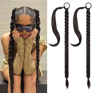 lot 89225 image: SEIKEA 2PCS Long Braid Ponytail Extension with Hair Tie Long Straight Wrap Around Hair Extensions Ponytail Natural Soft Synthetic Hair Piece Black Brown 26 Inch (After Braided 23 Inch)
