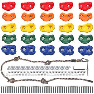 lot 89245 image: Jungle Gym Kingdom Rock Climbing Holds for Kids - Indoor & Outdoor Rock Wall Climbing Kit with Mounting Hardware, Knotted Rope and 25 Handles - Playground Accessories