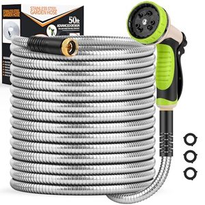 lot 89255 image: Garden Hose 50ft, Heavy Duty Stainless Steel Water Hose with 10 Functional Nozzles, No Kink, Lightweight and Flexible, Easy to Use and Store, Strong and Sturdy, Suitable for Yard and Lawn