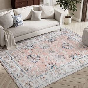lot 89302 image: jinchan Washable Area Rug 4x6 - Low Pile Bedroom Rug for Girl Pink Floral Print Stain Resistant Indoor Boho Carpet Distressed Vintage Ultra-Thin Non-Slip Rug Living Room Dining Room Kitchen
