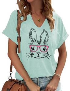 lot 89306 image: Ovazly Easter V Neck Shirts for Women Happy Easter Bunny with Glasses Blouse Casual Graphic Spring Colorful Tops Tee(TZV-QMgreen01,X-Large)