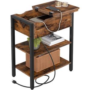 lot 89337 image: HOOBRO End Table with Charging Station, Narrow Side Table, Flip Top Nightstand with USB Ports and Outlets, Bedside Tables with Shelf for Small Spaces, Living Room, Rustic Brown BF341BZ01
