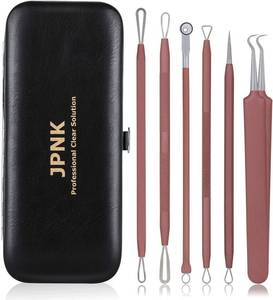 lot 89417 image: JPNK Blackhead Remover Tool Comedones Extractor Acne Removal Kit for Blemish, Whitehead Popping, 6 Pcs Zit Removing for Nose Face Tools with a Leather Bag (Pink)
