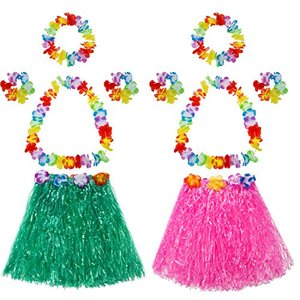 lot 89422 image: TOODOO Elastic Hawaiian Hula Grass Skirt with Flower Costume Set for Party Beach Dance Fancy Dress, Multicolor, 2 Sets