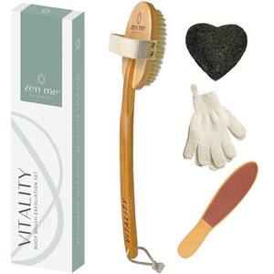 lot 89435 image: Dry Brushing Body Brush Set by Zen Me - Natural Exfoliation Kit with Premium Boar Bristle Brush, Shower Gloves, Konjac Facial Sponge & Foot File - for Lymphatic Drainage - Great Gift Set