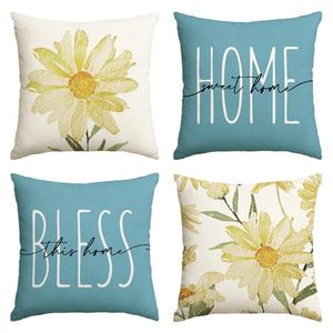 lot 89445 image: AVOIN colorlife Home Sweet Home Spring Summer Flowers Yellow Throw Pillow Covers, 18 x 18 Inch Blue Cushion Case for Sofa Couch Set of 4