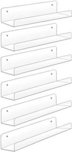 lot 89460 image: Sooyee Acrylic Shelves,6 Pack 15 Inch Floating Wall Shelves, Funko Pop Display Shelf,Invisible Kids Book Shelf,Picture Ledge Shelf Decor, Plastic Bathroom Wall Shelves,Clear