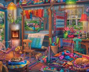 lot 89472 image: Springbok Weavers Cottage 1000 Piece Jigsaw Puzzle for Adults Features a Colorful Cottage with a weavers Loom and Colorful Yarns - Made in The USA with Interlocking Pieces That snap in Place