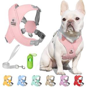 lot 89475 image: Patas Lague Dog Harness with Leash Set Adjustable Soft Padded Step-in Dog Vest No Choke No Pull Reflective for Small Medium Dogs with Poop Bags and Dispenser, Solid and No-chew, Pink S