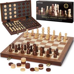 lot 89493 image: 2 in 1 Magnetic Wooden Chess and Checkers Board Game Set, 15 Folding Chess Boards with 2 Extra Queens, Portable Travel Chess Sets with Pieces Storage Slots, Beginner Chess Game Set for Kids, Adults