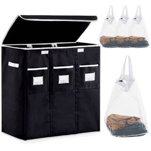 lot 89499 image: Large Laundry Hamper with Lid 3 Section by YOUDENOVA, 140L Tall Laundry Basket with Removable Bags, Divided Clothes Hampers for Laundry in Bedroom, Bathroom, Dorm, Black