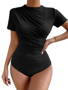 lot 89506 image: Milumia Womens Casual Ruched Mock Neck T Shirt Short Sleeve Tee Bodysuit Jumpsuit Blackno size visible