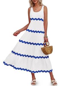 lot 89515 image: Fisoew Womens Casual Sleeveless Tank Dress Scoop Neck Contrast Color Tiered Flowy Summer Maxi Dress White M