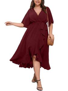 lot 89516 image: SCOMCHIC Plus Size Cocktail Dresses for Women Wrap V Neck Split High Low Split Burgundy Maxi Dress with Belt 2XL