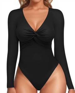 lot 89519 image: MANGOPOP Bodysuits for Women Deep V Neck Twist Knot Fitted Long Sleeve Bodysuit Basic Tops Casual T Shirts XXL