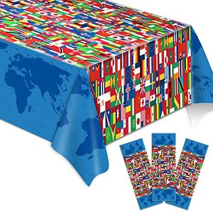 lot 89521 image: 3 Pieces International Flag Tablecover World Flag Party Tablecloth Decorations Disposable Plastic Table Cover Birthday Party Decor Supplies Favors Outdoor Indoor