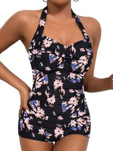 lot 89524 image: Mstuming Womens Retro Tummy Control One Piece Swimsuit Tropical Leaf Swimwear Halter Neck Boyshorts Bathing Suit-Small