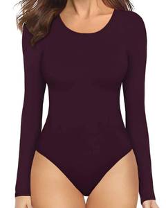 lot 89530 image: MANGOPOP Womens Round Collar Clothing Short Sleeve Long Sleeve Tops T Shirt Bodysuit(Longsleeve Burgundy,X-Large)