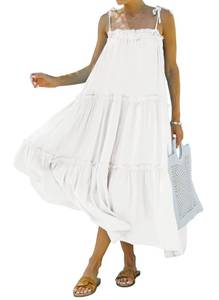 lot 89534 image: BTFBM Women 2024 Summer Maxi Dresses Sleeveless Spaghetti Strap Casual Sundress Tiered Ruffle Boho Cami Beach Long Dress(Solid White, Small)