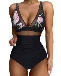 lot 90424 image: SUUKSESS Women Slimming Tummy Control One Piece Swimsuits Sexy Mesh High Waisted Monokini Bathing Suits (Tropical Floral Black, Medium)