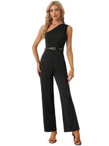 lot 90432 image: Allegra K Elegant Office Jumpsuit for Womens Dressy One Shoulder Belted Wide Leg Pants X-Large Black