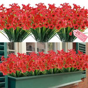 lot 90441 image: ZEOSTARO 20 Bundles Artificial Outdoor Flowers UV Resistant Fake Flowers No Fade Faux Plastic Greenery Shrubs Garden Porch Window Box Decorating(Deep Red)