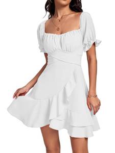 lot 90456 image: LYANER Womens Square Neck Ruffle Wrap Mini Dress Off Shoulder Flounce Short Sleeve A Line Flowy Dress Pure White Medium