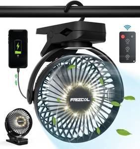 lot 90457 image: Portable Clip on Fan 65 Working Hours, Camping Fan with LED Lights & Hook, 12000 Capacity Battery Operated Fan with Clamp, USB Rechargeable for Desk, Tent, Treadmill, Stroller, Golf Cart, Home