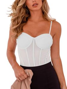 lot 90462 image: REORIA Womens Summer Sexy Mesh Sheer Spaghetti Strap Backless Going Out Slimming Bustier Corset Leotards Tummy Control Bodysuit Tank Top with Built in Bra (White Large)