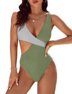 lot 90465 image: Blooming Jelly Womens One Piece Cutout Swimsuits Sexy High Cut Bathing Suits Cheeky Color Block Monokini (Medium, Pea Green)