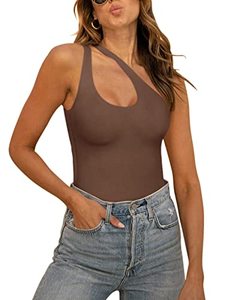 lot 90467 image: REORIA Womens Summer Sexy One Shoulder Cutout Front Sleeveless One Piece Tank Tops Backless Thong Bodysuits Leotards for Going Out Coffee Medium