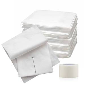 lot 90471 image: Split Drain Sponge Gauze 4x4 Sterile 6 Ply Pads Pack of 50 Absorbent Precut 4X4 Non-Woven Slit Bandage for I.V. Tracheostomy - 25 Packs of 2 Pre Cut Bandages  1 Roll of Medical Tape