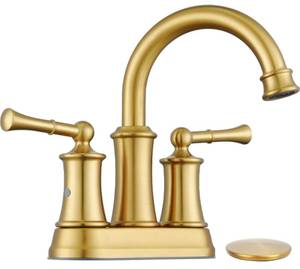 lot 90476 image: Hangoro Bathroom Faucet, 2 Lever Handles Centerset Faucets for Bathroom Sink, Touch On Bathroom Faucets wPop Up Drain for Vanity, Lavatory, Bathroom or Sink, Brush Gold(L2303-BG) - Retail $83.16